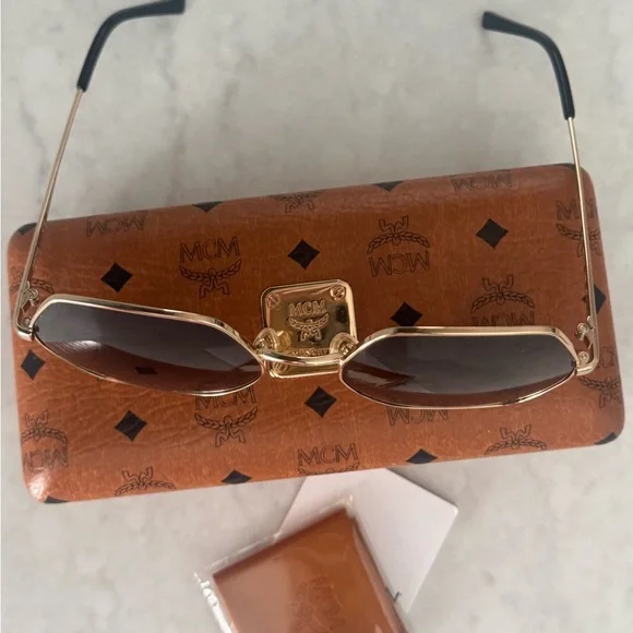 MCM Square-Frame Visetos-Print Sunglasses With Brown Case/Cleaning Cloth